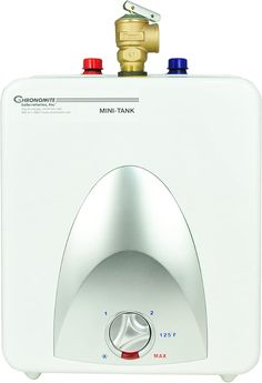 a water heater that is white and has red, blue, and yellow on the top