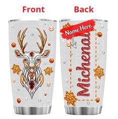 two cups with different designs on them, one has a deer head and the other has an arrow