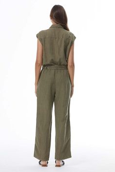 All-and-done styling.| Collared jumpsuit | Cap sleeve | Covered buttons | Flap chest pockets | Large hip pockets | Optional waist tie | Elasticized back | Crop wide leg| Linen blend fabrication| Available in seasonal colors | 55% Linen // 45% Rayon | Hand wash coldBorn on the streets of LA ♡ Utility Style Sleeveless Jumpsuits And Rompers With Pockets, Casual Jumpsuits And Rompers With Tie Waist, Casual Short Sleeve Overalls For Workwear, Casual Workwear Overalls With Short Sleeves, Casual Overalls For Workwear, Utility Jumpsuits And Rompers With Pockets And Short Sleeves, Casual Short Sleeve Jumpsuits And Rompers With Pockets, Casual Jumpsuits And Rompers With Pockets, Summer Utility Button-up Jumpsuits And Rompers