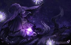 a witch holding a crystal ball in her hand on a dark background with snowflakes