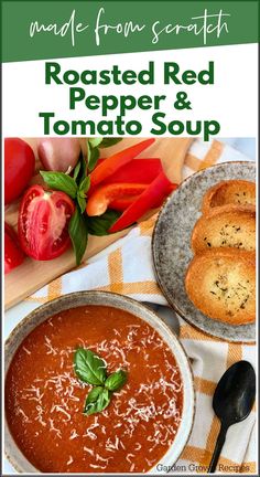 roasted red pepper and tomato soup in a bowl