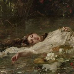 a painting of a woman laying in the water with lily pads on her chest and head