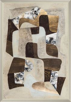 an abstract painting with brown, white and black shapes on it's surface is featured in the frame