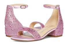 Betsey Johnson Kids Mari (Little Kid/Big Kid) - Women's Shoes : Pink : Take your kid's shoe collection to the next level with Betsey Johnson Kids Mari Heels. Fabric upper with stone ornamentation. Synthetic lining. Adjustable buckle strap closure. Round open toe heels in pink and champagne color. Synthetic outsole. Imported. Measurements: Heel height: 1.25 in. Weight of footwear is based on a single item, not a pair. Pink Round Toe Sandals For Prom, Pink Heel Strap Sandals For Prom, Formal Pink Sandals With Buckle Closure, Pink Block Heel Sandals For Prom, Pink Embellished Sandals For Prom, Pink Embellished Synthetic Sandals, Pink Open Toe Sandals For Prom, Pink Rhinestone Round Toe Sandals, Pink Low Heel Sandals For Formal Occasions