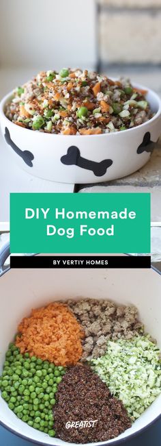 two bowls filled with different types of food and the words diy homemade dog food