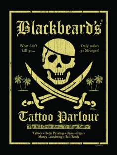 a tattoo parlor sign with a pirate skull and crossbones on the front,