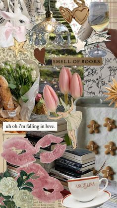 a collage of flowers, books and other things in the background with words on it