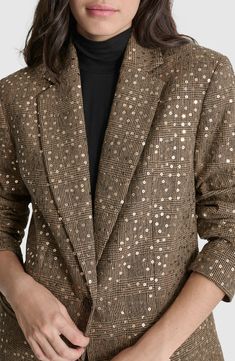 Dial up the shine of your outerwear rotation with this sequin-flecked blazer cut from a rich wool blend. One-button closure Notched lapels Front welt pockets 60% wool, 30% polyester, 10% other fibers Dry clean Imported Glamorous Holiday Workwear Outerwear, Chic Gold Blazer For Winter, Winter Gold Single Breasted Blazer, Gold Single-breasted Winter Blazer, Gold Single-breasted Blazer For Winter, Gold Single Breasted Blazer For Winter, Glamorous Notch Lapel Blazer For Fall, Gold Single-breasted Blazer, Chic Gold Blazer For Fall