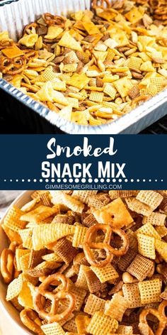 a pan filled with baked snack mix next to a baking dish full of cheesy crackers