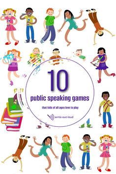 an image of people playing games with the words 10 public speaking games