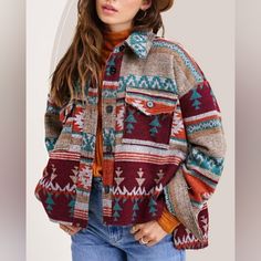 Brand New Jacket. Beautiful Colors. Oversized Look. Vino Color, Aztec Jacket, Cozy Jacket, Straight Jacket, Vintage Crop Tops, Winter Days, Jacket Pattern, Print Jacket, Aztec Print