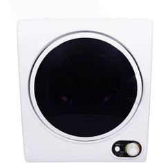 the front view of a white washing machine with its door open and black knobs