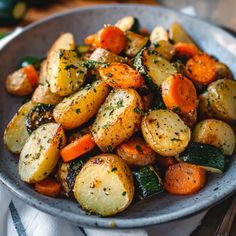 a white bowl filled with potatoes and carrots on top of a wooden tablecloth