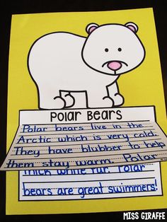 a polar bear is on top of some paper with writing in front of it that says polar bears