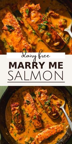 the recipe for mary me salmon is shown in a skillet