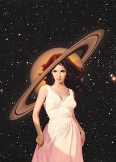 a woman in a white dress standing next to a saturn