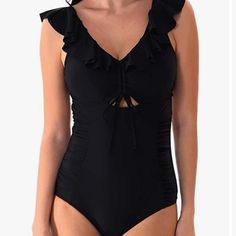 Yolipuli Monokini One Piece Swimsuit : Ruffled Shoulder With High Leg Cutout Bikini Bottoms, Shirring On Both Sides To Waist. This Unique Design Covers Your Shoulders And The Tummy Control Helps Keeps Curves Shapely. Brand New With Tags Size Large Color Black Smoke Free Environment Color And Size Sold Out Stretch Ruffled One-piece Tankini, Ruffled One-piece Swimming Suit, One-piece Ruffled Tankini For Beach Season, One-piece Ruffled Tankini For Beach Party, Fitted Swimwear With Ruffled Straps For Beach, Ruffled One-piece Tankini For Beach Party, Beachwear One-piece With Ruffles For Swimming, Beachwear Ruffled One Pieces For Swimming, Fitted One-piece Tankini With Ruffles