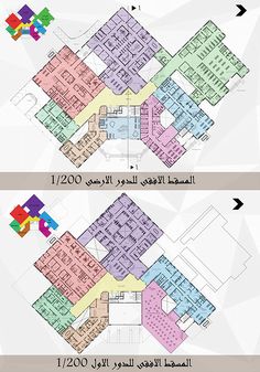 the floor plan for two buildings in different colors and sizes, with numbers on each side