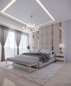 a bedroom with a large bed sitting under a chandelier next to a window