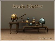 an image of a study clutter table with globes and books on the top