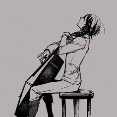 black and white drawing of a woman sitting on a stool with her back to the camera