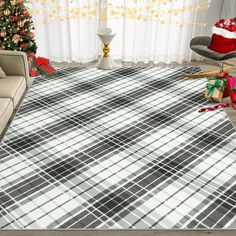 a living room decorated for christmas with plaid rugs on the floor and presents in front of the window