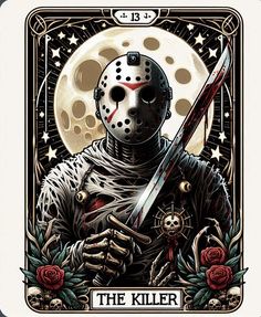 a card with a person holding a knife in front of the moon and roses on it