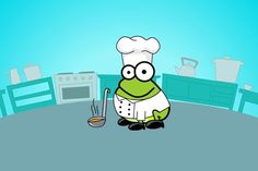 a cartoon frog with a chef's hat and apron