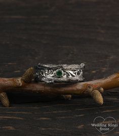 Vintage style tree band with emerald, Unique mens tree wedding band, Men's branch wedding ring, Mens emerald ring, Wide silver ring, Emerald ring ■ All wedding rings are only crafted with the finest of recycled metals DETAILS: Stone - 3mm Natural Emerald, weight approx. 0.10ct. Metal - Sterling Silver Dimensions - width 9mm (0.35 in.), Thickness - 1,7mm (0.066 in.) Finish - shiny and oxidize Please choose your ring size and gems in menu while making your order ■ CUSTOM OPTIONS - SIZES AVAILABLE: Wedding Ring Drawing, Mens Tree, Branch Wedding Ring, Mens Emerald Rings, Wide Silver Ring, Emerald Band, Emerald Ring Vintage, Fairy Ring, Emerald Wedding Rings