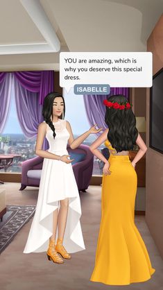 two women talking to each other in front of a tv screen with the caption, you're amazing which is why you deliver this special dress