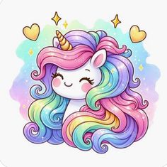 a cute unicorn with rainbow hair and stars