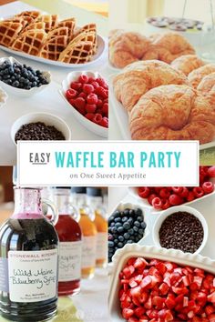 a collage of different types of food and drinks on a table with the words easy waffle bar party