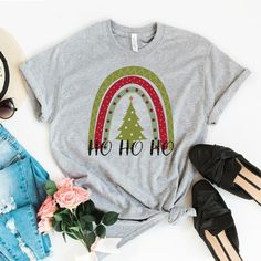 Ho Ho Ho Retro Christmas Rainbow / Premium Graphic Tee - Jade & Harlow Santa Tshirt, Christmas Family Shirt, Ho Ho Ho Christmas, Christmas Tree Shirt, Christmas Tshirt, Tree Shirt, Christmas Gift For Her, Family Christmas Shirts, Family Shirt