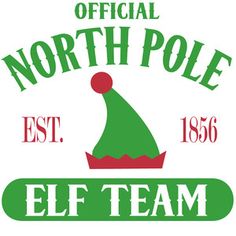 the official north pole elf team logo is green and white with red trim on it