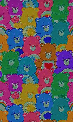 a group of multicolored teddy bears with hearts in the middle and rainbows on them