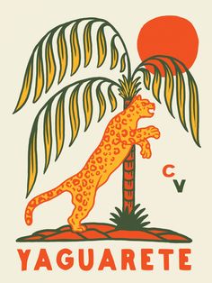 a yellow leopard standing on top of a palm tree next to a red and orange sun