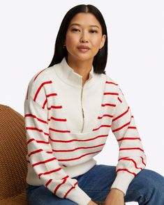 Striped Quarter Zip Sweater in Mariner Stripe Trendy Half-zip Sweater With Zipper Closure, Casual Stretch Sweater With Zipper Closure, Cozy Fall Tops With Zipper Closure, Cozy Tops With Zipper Closure For Fall, Trendy Half-zip Spring Sweater, Trendy Half-zip Sweater For Spring, Stretch Winter Sweater With Zipper Closure, Winter Stretch Sweater With Zipper Closure, Casual Knit Tops With Zipper Closure