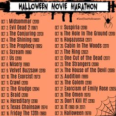 an orange and black poster with the words halloween movie marathon