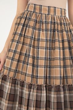 - Mixed plaid A-line midi skirt- Side zipper - Lined with regular lining and tulle- Self: 100% Cotton Cont: 100% Cotton Lining: 100% Rayon- Gentle machine wash with like colors in cold water, Tumble dry low Model is wearing size: SModel Measurements: Height: 5'9" Bust: 34" Waist: 24" Hips: 34" Style No. MS0115L-MULTI BRN Plaid Tiered Skirt With Ruffles, Flowy Plaid Skirt, Plaid Cotton Flared Skirt, Cotton Plaid Flared Skirt, Plaid Tiered Ruffled Skirt, Gingham Tiered Skirt With Lining, Plaid Cotton Skirt With Ruffles, Plaid Ruffled Cotton Skirt, Plaid Tiered Lined Skirt