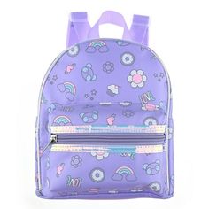 Carry your daily essentials with ease in this cute and trendy purple backpack! This backpack features a colorful exterior, mainly lavender in color with a pattern of playful icons including pandas, rainbows, cupcakes, hearts and more. It also features holographic detailing along the purple zipper of a mini front pocket. Store your items in this backpack that offers two zippered pouches to store your belongings. Straps are adjustable to ensure a comfortable fit. Size: One Size.  Gender: female.  Age Group: kids. Affordable Purple Backpack For Play, Small Purple Backpack, Purple Mini Backpack, Fun Purple Backpack, Purple Backpack With Zipper Closure For On-the-go, Purple Backpack, Cute Coffee Cups, Cool School Supplies, Love Rainbow