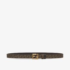 Reversible belt with loop and FF stud buckle. Made of black leather on one side and brown and tobacco FF jacquard fabric on the other side. Metal accessories in a vintage-gold finish. Made in Italy. Size 75 Fendi Logo Design, Fendi Store, Fendi Logo, Reversible Belt, Metal Accessories, Exclusive Gift, Jacquard Fabric, Black Belt, Vintage Gold