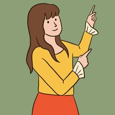 a woman in yellow shirt and red skirt pointing at something with her finger on it