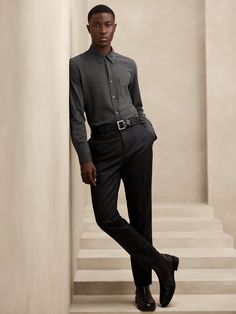 Luxury-Touch Pique Shirt | Banana Republic Gray Shirt Outfit, Business Professional Attire, Pique Shirt, Shirt Outfit Men, Grey Outfit, Professional Attire, Quiet Luxury, Polo Collar, Curator Style