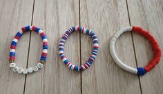 Patriotic Bracelet set. Can be customized to fit child or adult. Sold in sets of 3 Cheap Handmade Patriotic Bracelets, Adjustable White Letter Beads Craft Supplies, Blue Clay Bead Bracelets, Blue Bracelets, Patriotic Bracelet, Bracelets Red, Forth Of July, Blue Clay, Show Love