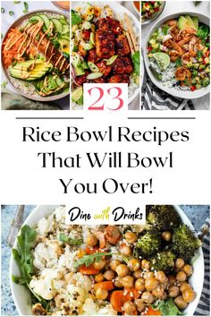 Collage of 4 rice bowl recipes. Veg Bowls Healthy Recipes, Rice Bowl Ideas, Budha Bowl, Rice Bowl Recipes, Quinoa Bowls Healthy, Lunch Bowl Recipe, Yummy Rice, Herbed Rice, Vegetable Bowls