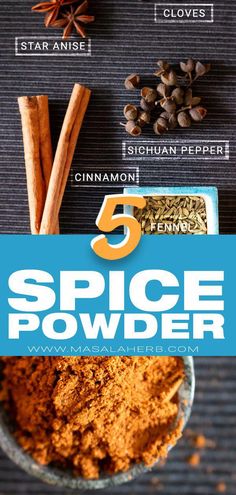 spice powder in a bowl with cinnamons and cloves on the side text reads 5 spice powder