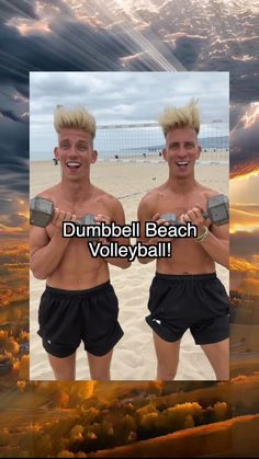 two young men standing next to each other in front of a beach with the words dumbball beach volleyball