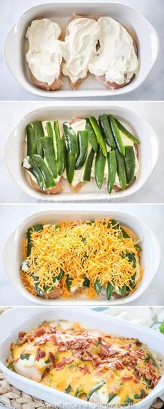 four different types of casserole dishes with cheese and green beans in them on a table