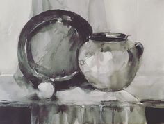 a painting of a pot and plate on a shelf