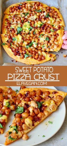 sweet potato pizza crust with chickpeas and spinach on top is shown in three different views